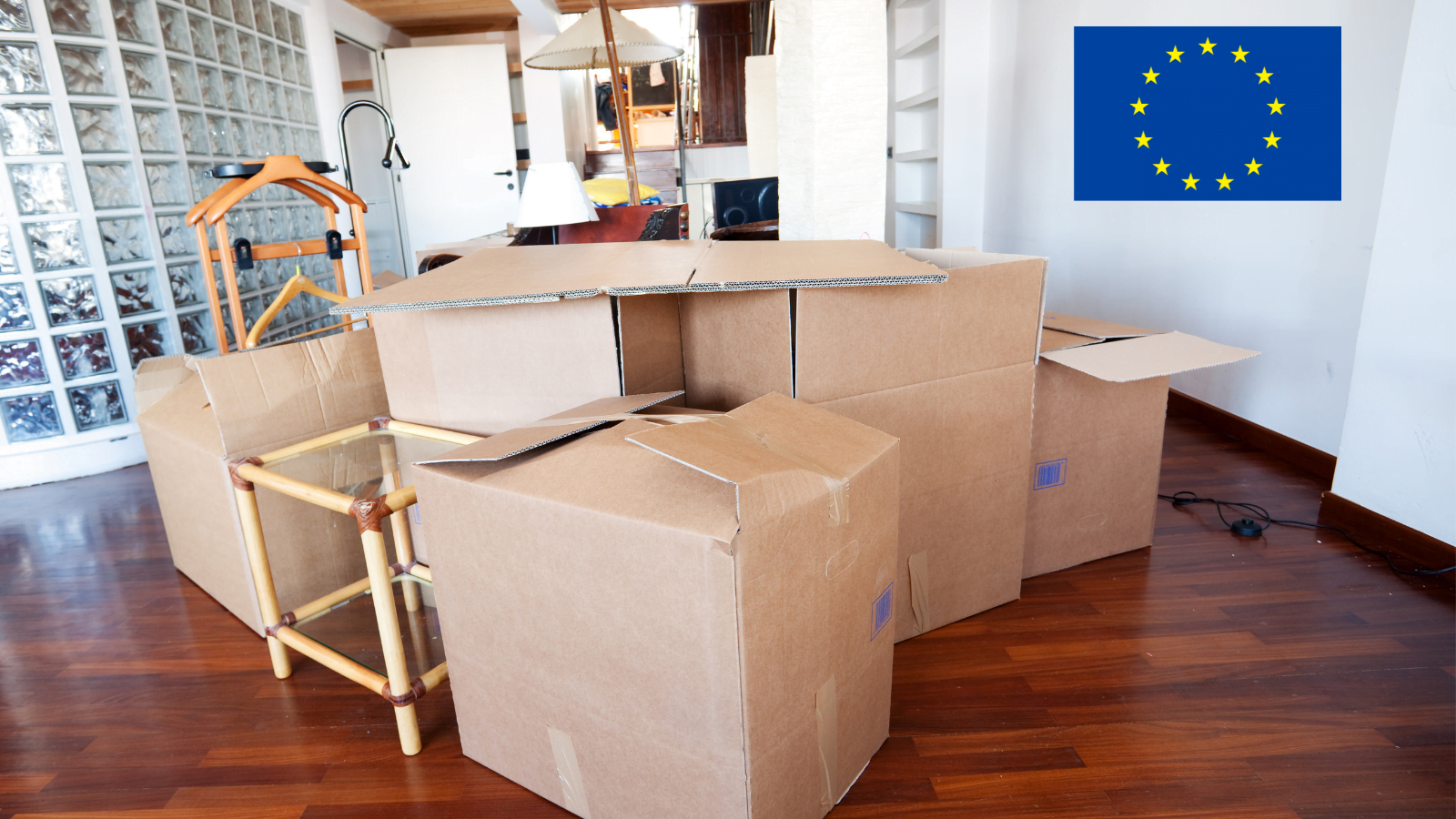 Picture of boxes with European flag ion the wall